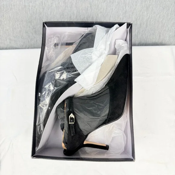 Nine West Danela Black Suede Pointed Toe Mule Heels 6.5M Gold Buckle Strap - Picture 7 of 11